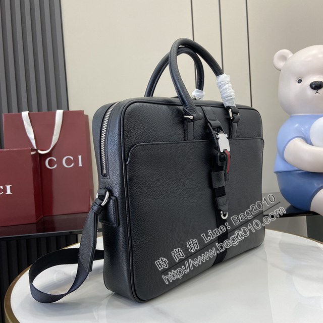 Gucci專櫃古馳最新款原廠皮飾織帶中號公事包男士手提包 jh2423型號：816757